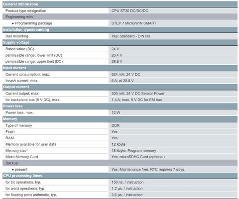 원본 시멘스 6ES7288-1ST30-0AA1 S7-200 SMART CPU ST30 STANDARD CPU DC/DC/DC 18DI/12DO