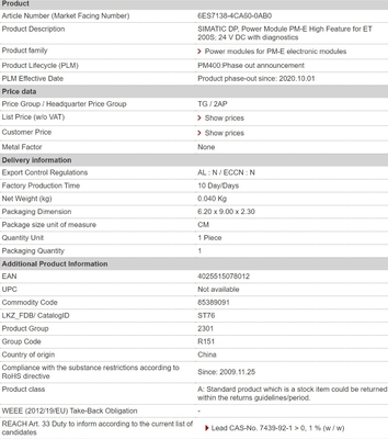 지불 기간 T/T 6ES71384CA600AB0 전원 모듈 PM-E ET 200S 24V DC를 위한 높은 기능