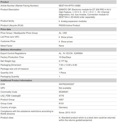 100% 오리지널 6ES7144-4FF01-0AB0 ET 200 PRO 4 AI U 고기능 채널 진단