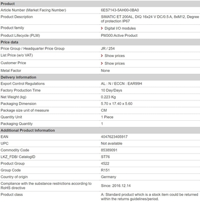 6ES7143-5AH00-0BA0 DIQ 16x24 V DC/0.5 A IP67 시멘스 ET 200AL 연결 모듈 1