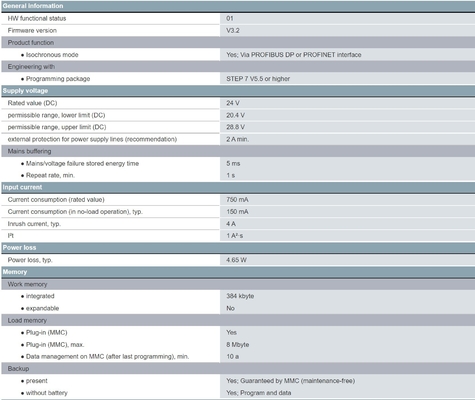 우수한 6ES7315-2EH14-0AB0 SIMATIC S7-300 CPU 315-2PN/DP 384KB 작업 메모리