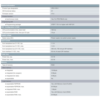 6ES7416-3XS07-0AB0 SIMATIC S7-400 CPU 416-3 16 MB 작업 메모리와 3 개의 인터페이스