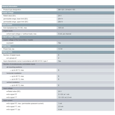 SIMATIC S7-1200 디지털 입력 SM 1221 8 DI 24 V DC 싱크/소스 PLC 6ES7221-1BF32-0XB0